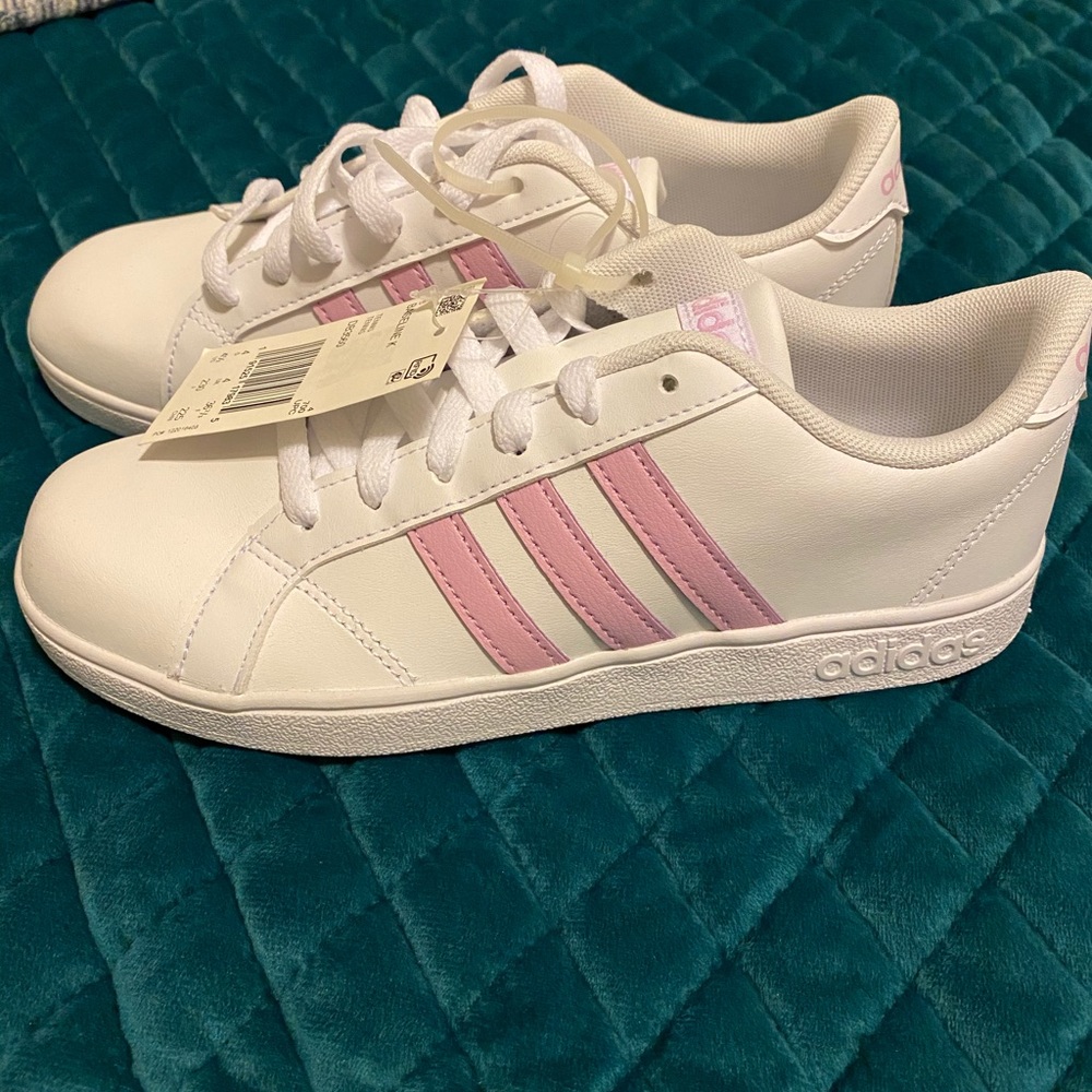 White with pink stripe Adidas sneakers